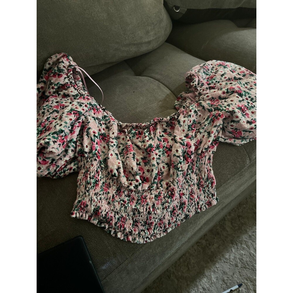 AFRM Floral Cottage Core Peasant off the Shoulder Blouse Pink Puff Sleeves L
